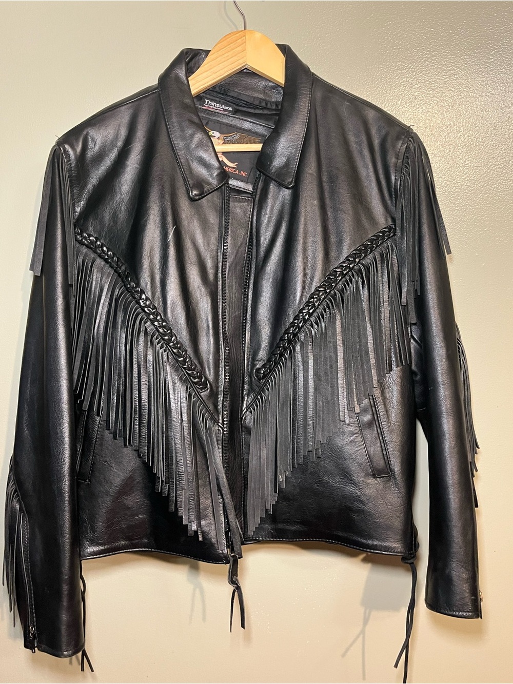 Thynsulate Thermal Black Fringe Leather Jacket Classic Western Moto VTG M